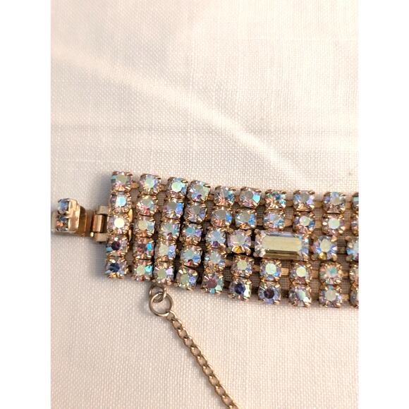 Vintage 1960s Unsigned Aurora Borealis Crystal Gold Tone Wide Bracelet W/ Safety - Picture 14 of 16